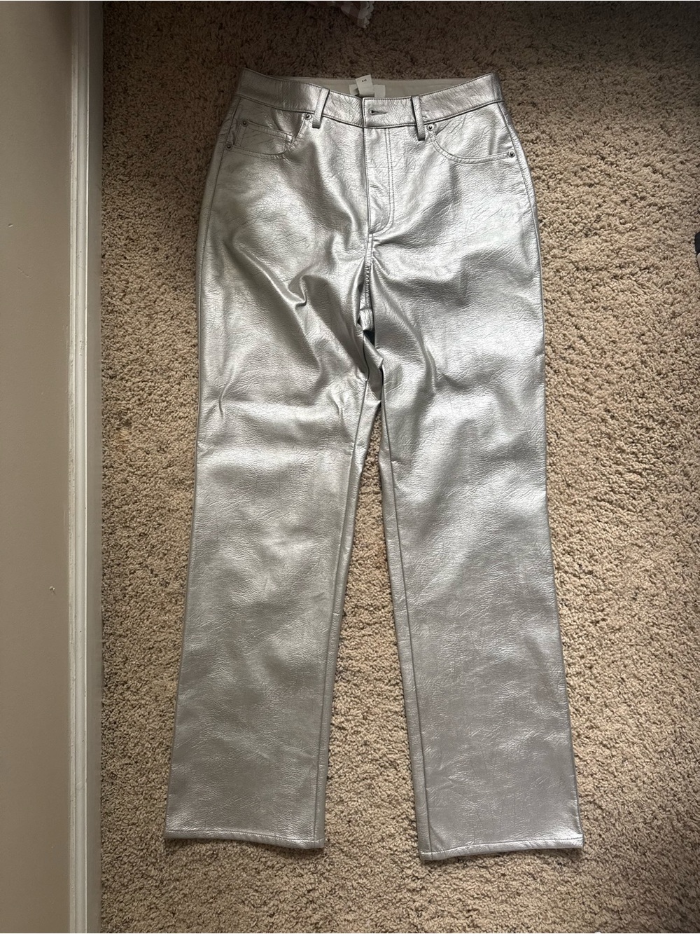 H&M Silver Metallic Straight-Leg Faux Leather Pants